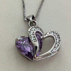 925 Sterling Silver Heart Pendant with Amethyst & clear CZ stones & 925 Chain 18